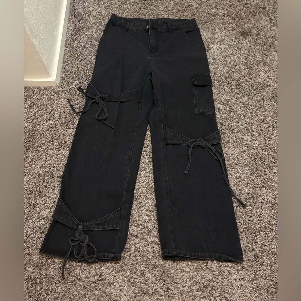 Black Cargo Pants with Tie Details